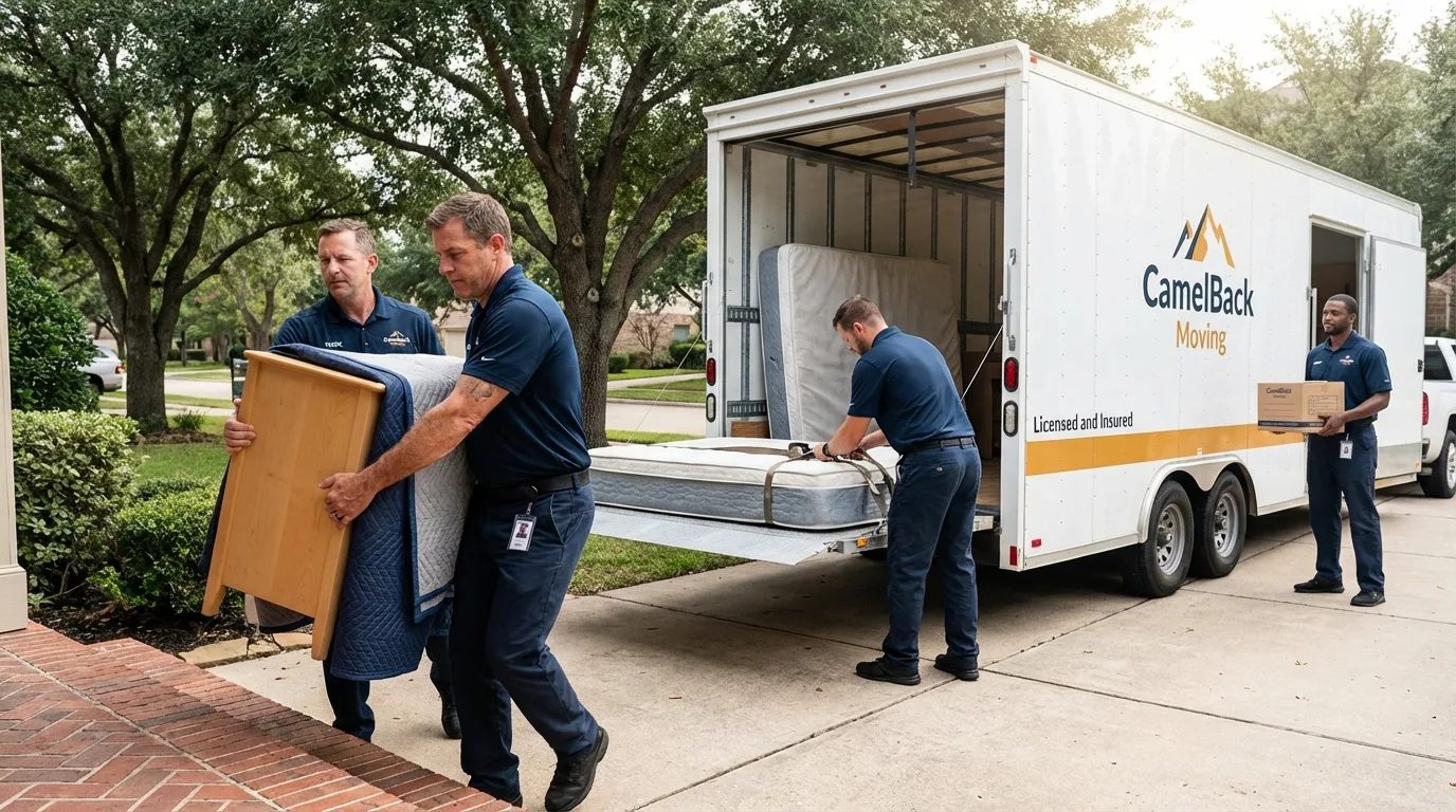 Crew loading residential truck for cross-state move from Andover, MN