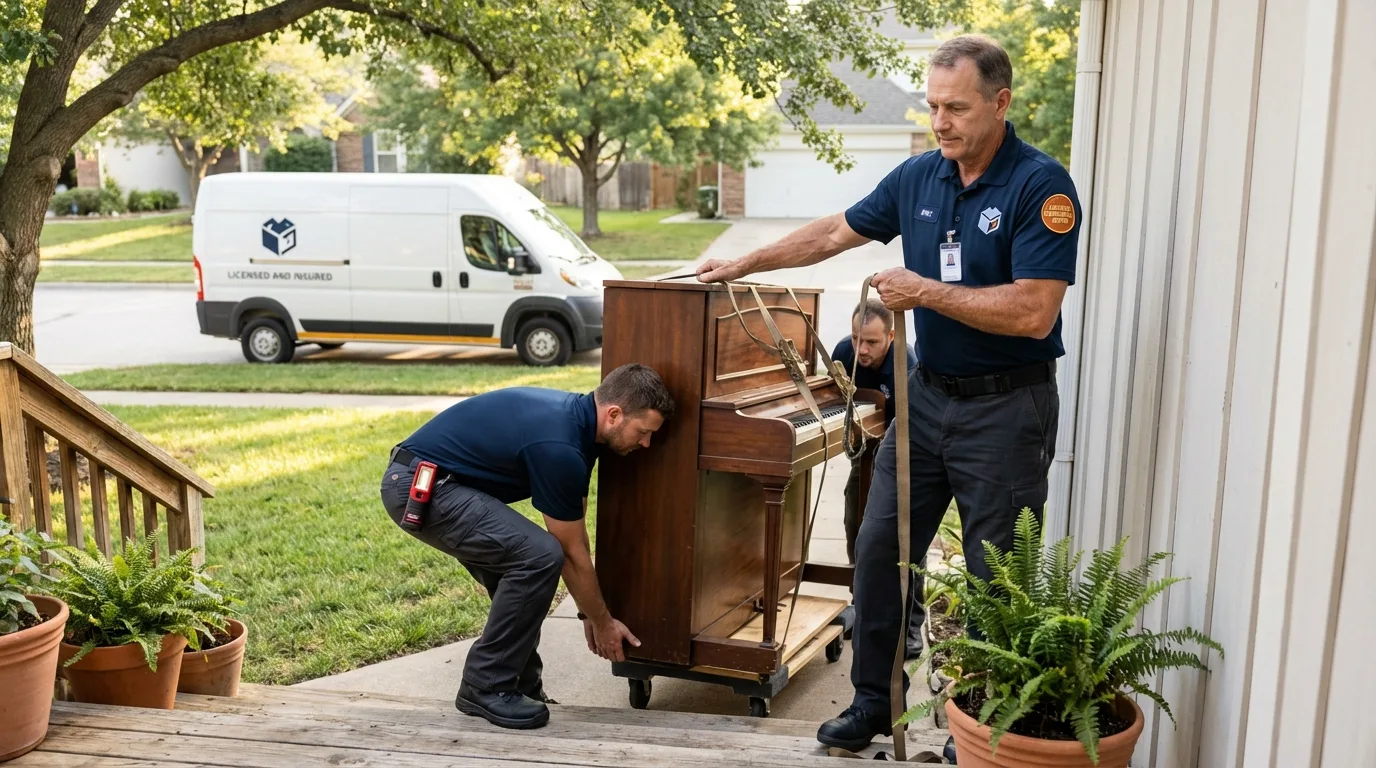 Licensed piano movers securing grand piano in Andover, MN